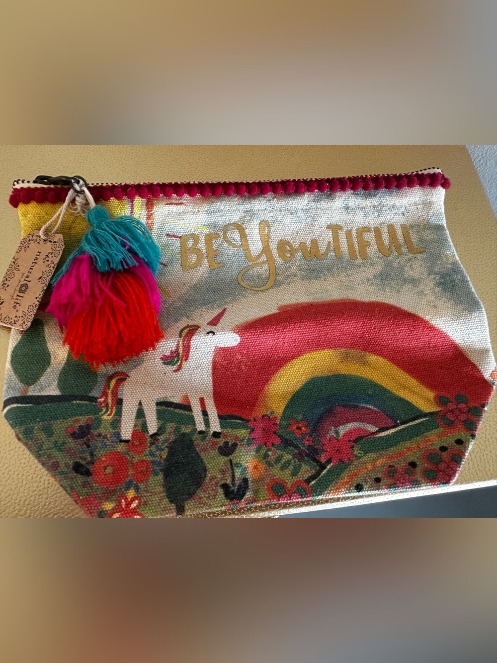 Natural Life BeYOUtiful Unicorn Rainbow Pouch Bag with Tassels 9” x 7”